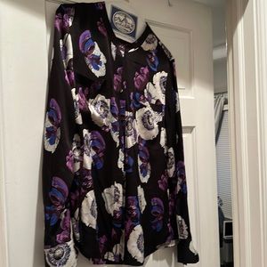 Like new, silk black / purple / cream poppy blouse.